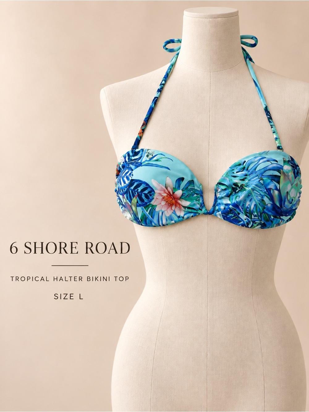 6 Shore Road Tropical Floral Halter Bandeau Bikini Top Size L NWT